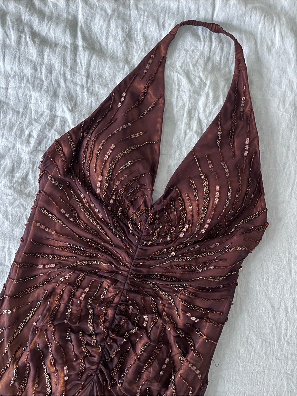 Scala Brown Beaded Halter Evening Dress